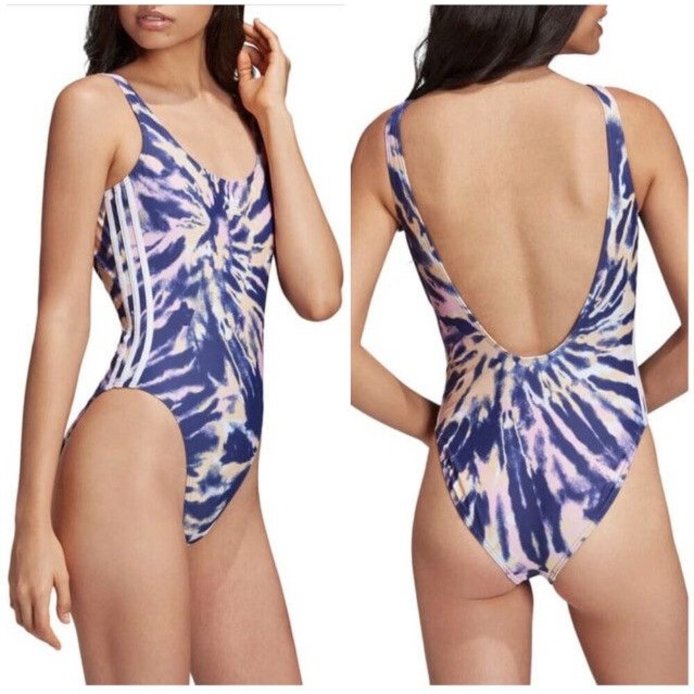 Adidas Originals Trefoil Tie Dye One Piece Swimsuit 3 Stripe Purple Pink Small
